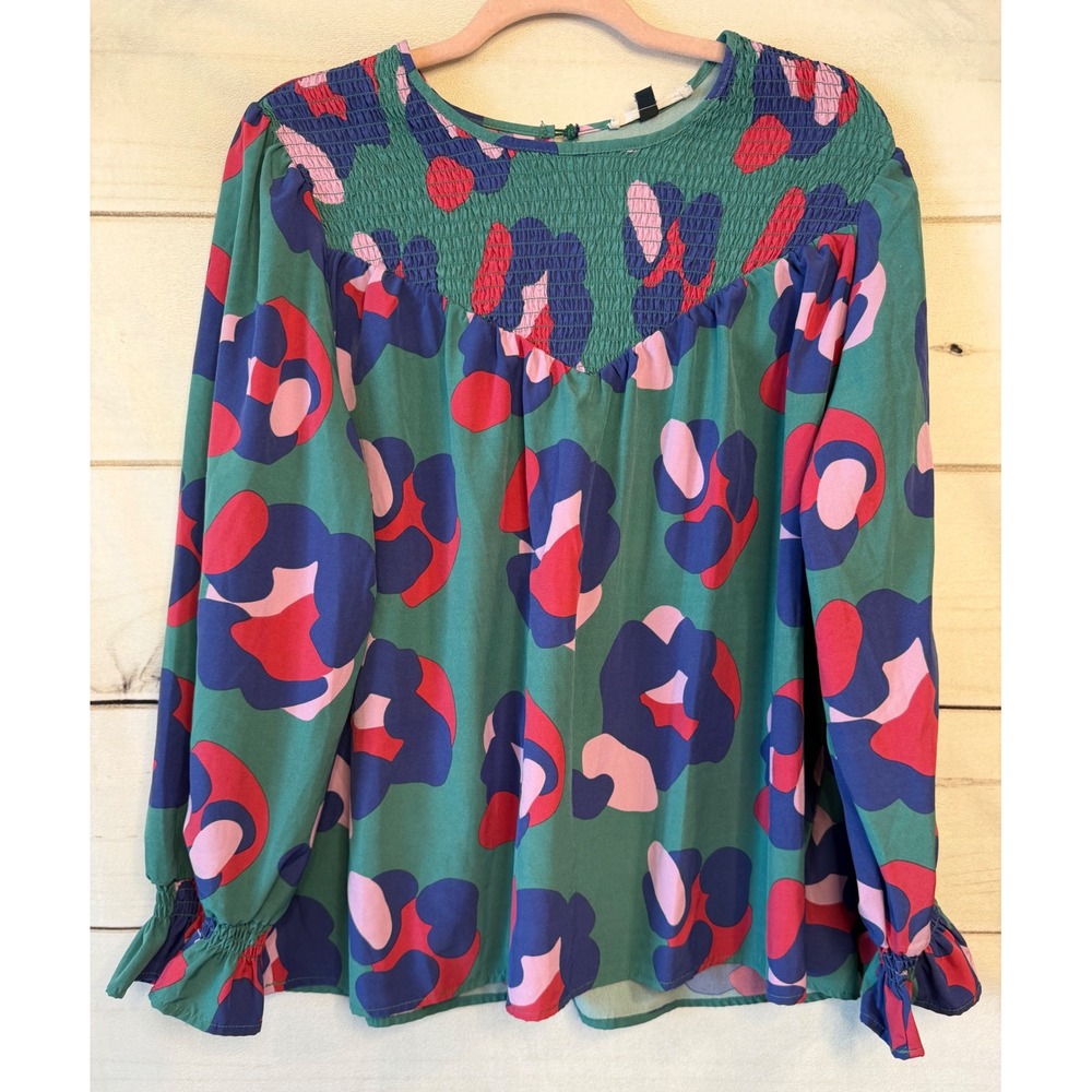 Michelle McDowell Green Abstract Floral Smocked Yoke Blouse Large L